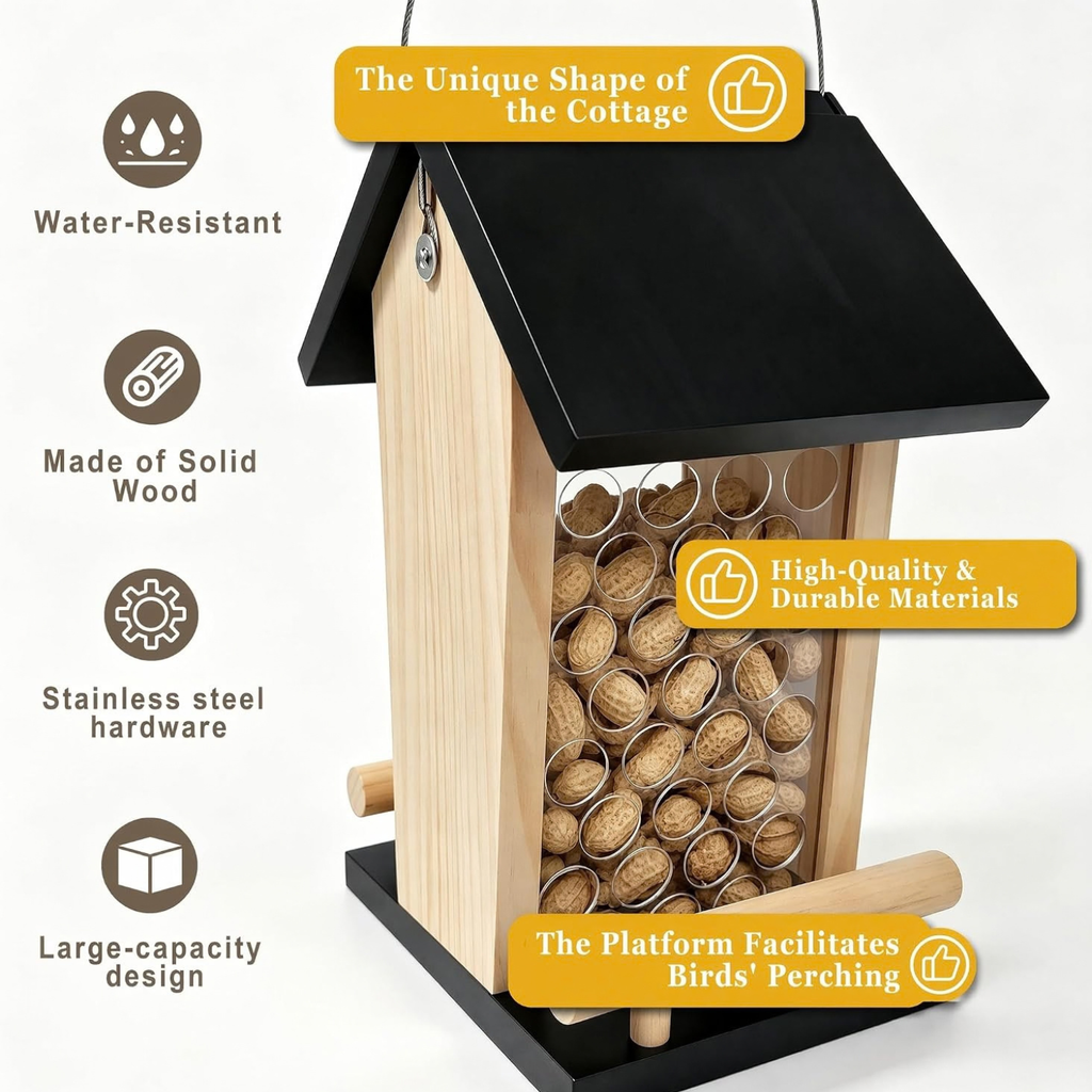 Solid Wood Crow Peanut Feeder, Hanging Outdoor Birds & Squirrels