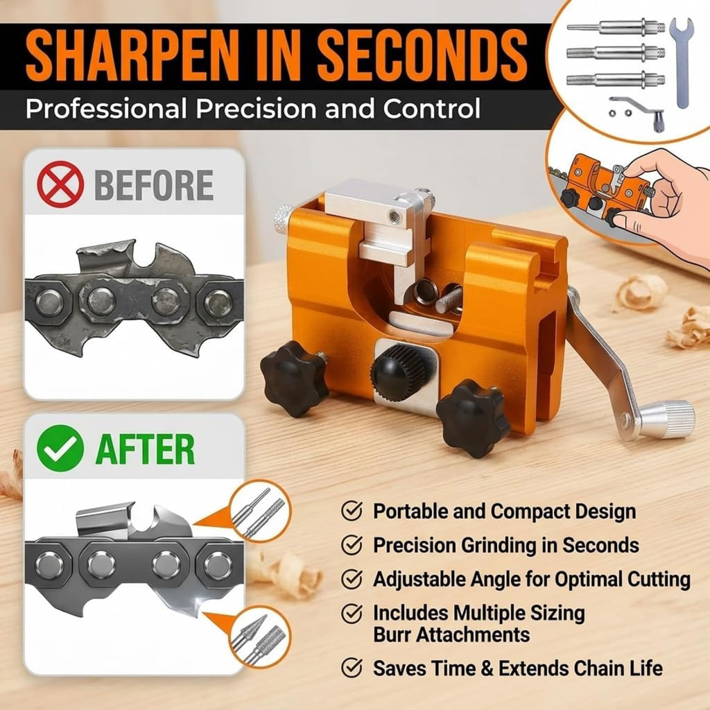 Chainsaw Sharpener Tool, Portable Manual Chain Saw Sharpener Kit, Clamp-On Sharpening Jig