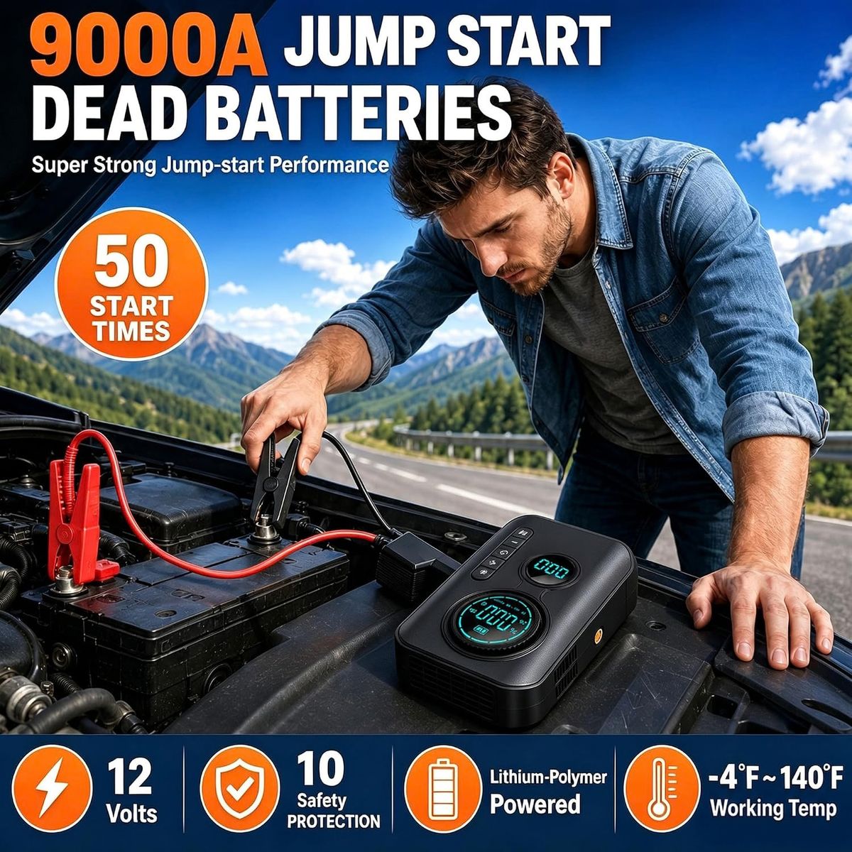 9000A Jump Starter with Air Compressor, 12V Car Battery Jump Box