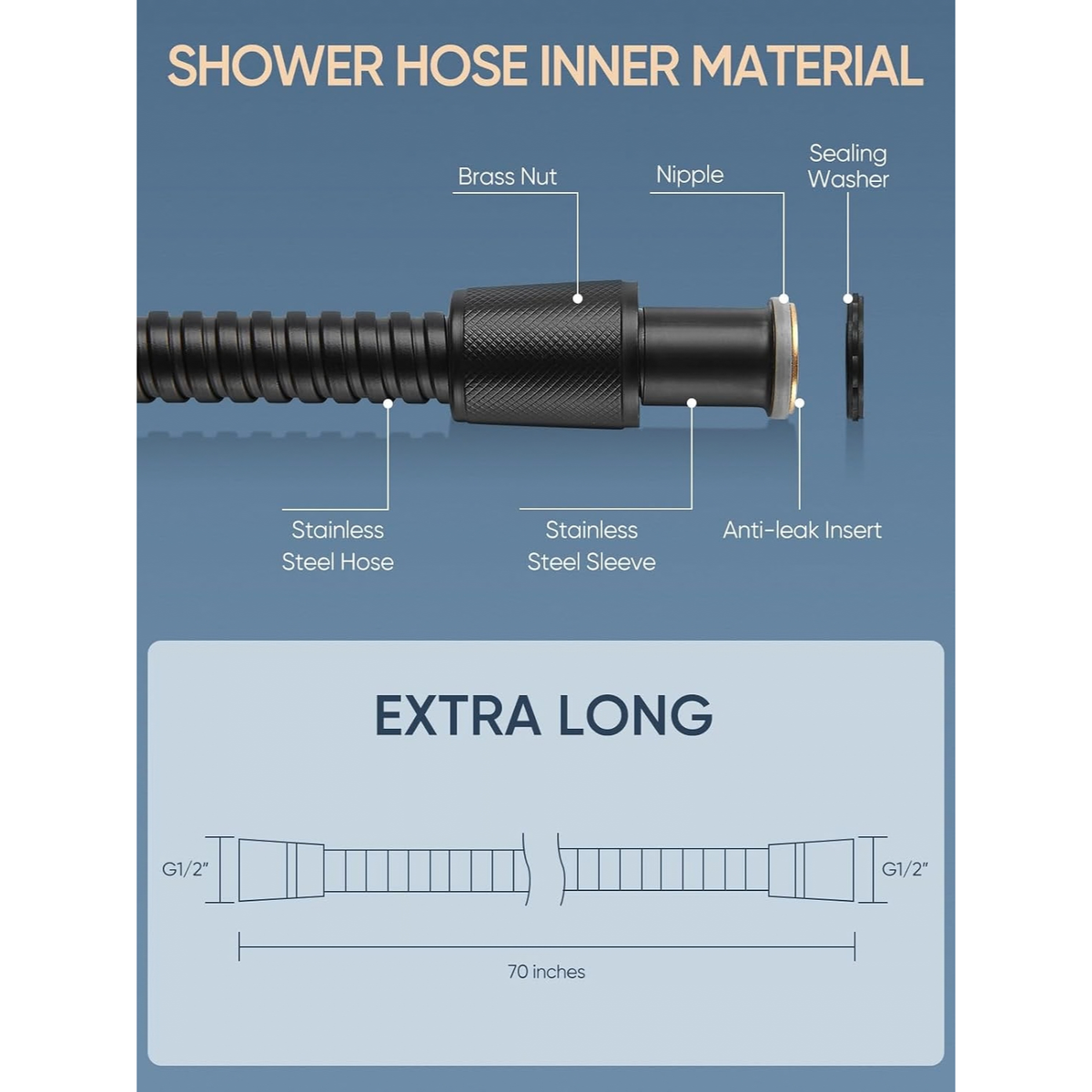 70" Extra Long Shower Hose, 304 Stainless Steel Handheld Shower Extension, Matte Black