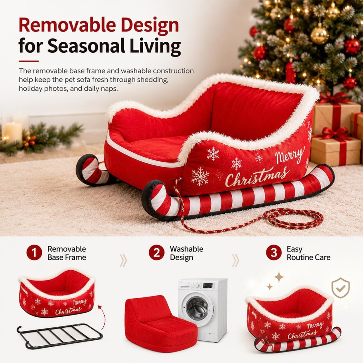 Christmas Dog Sleigh Bed, Santa Sleigh Plush Pet Sofa for Dogs & Cats