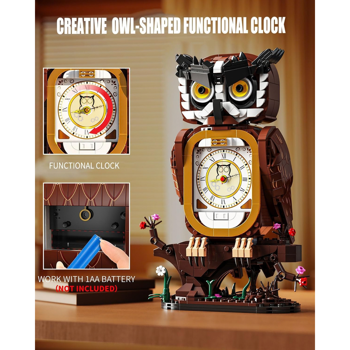 Owl Clock Building Blocks Set with Working Clock for Adults Teens