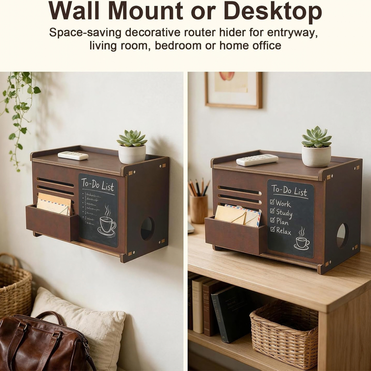 WiFi Router Box Hider with Front Storage & Chalkboard, Wooden Router Shelf