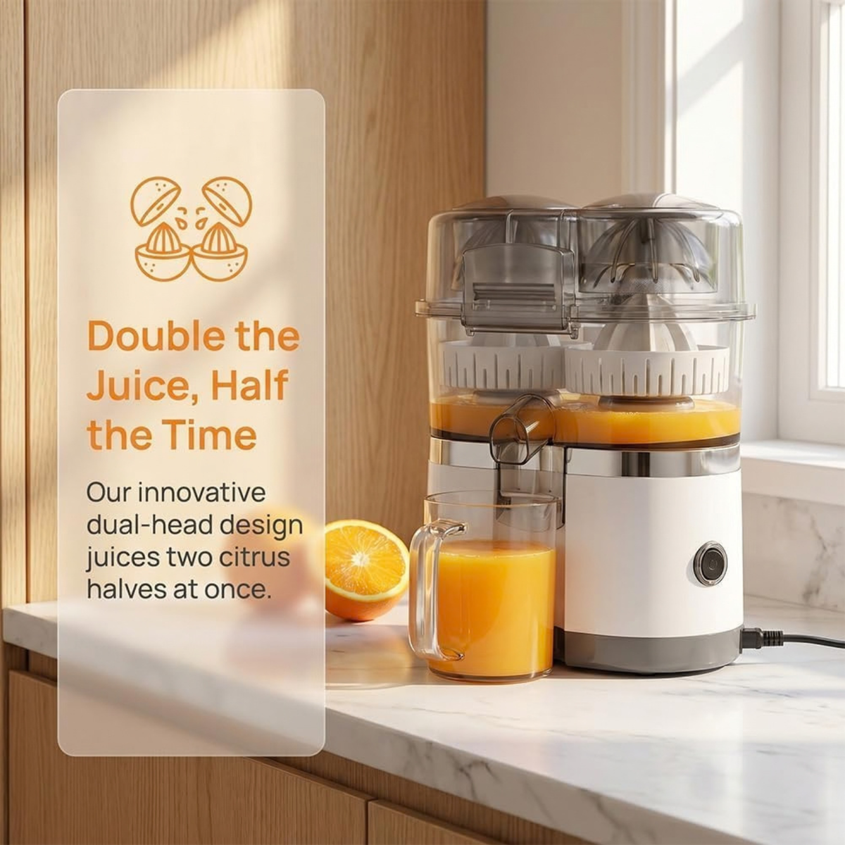 Dual-Head Automatic Electric Citrus Juicer, Orange Lemon Lime Squeezer, Easy-Clean Kitchen Appliance