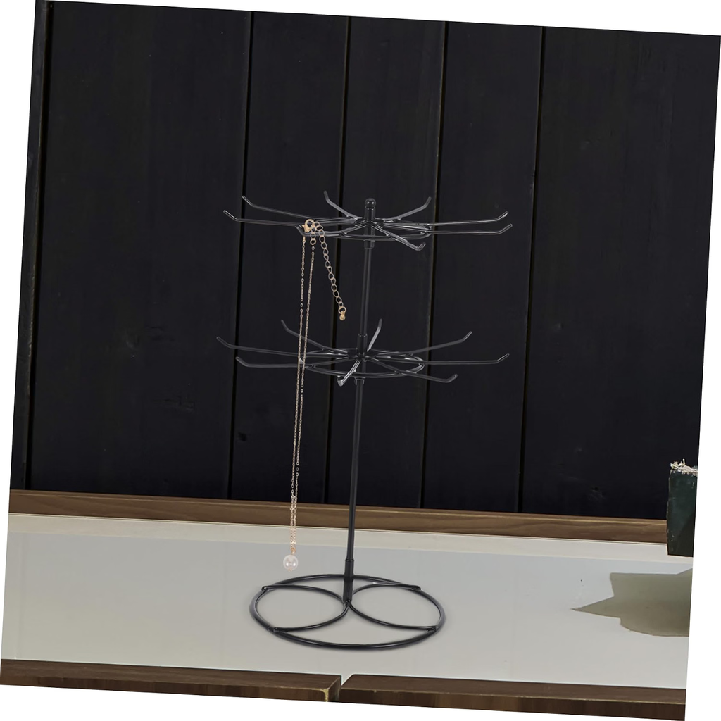 Rotating 2 Tier Necklace Display Stand with Hooks for Glasses Iron Metal Build, Black Finish, Office Desk or Vanity, Space Saving Design for Key Rings and Clutter Free Setup