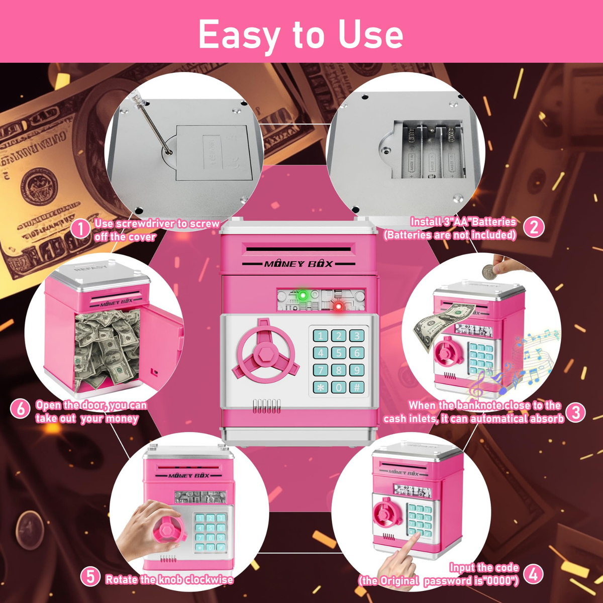 Electronic Piggy Bank Cash and Coin Saving ATM Box