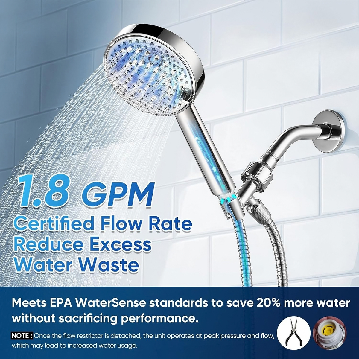 All Metal Handheld Shower Head, 3 Spray Settings, 1.8GPM