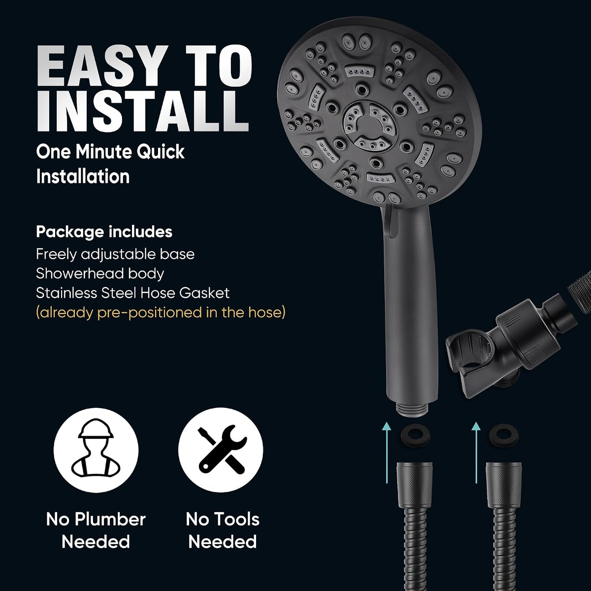 Cobbe 8-Setting Handheld Shower Head, Water-Saving Design, Matte Black