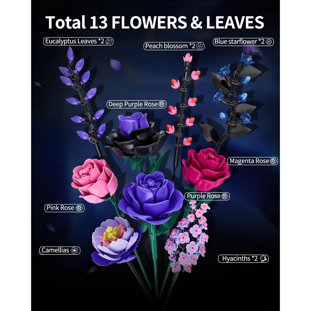 Flowers Bouquet Building Set, Purple Roses Botanical Building Blocks, Gothic Home Decor Gift