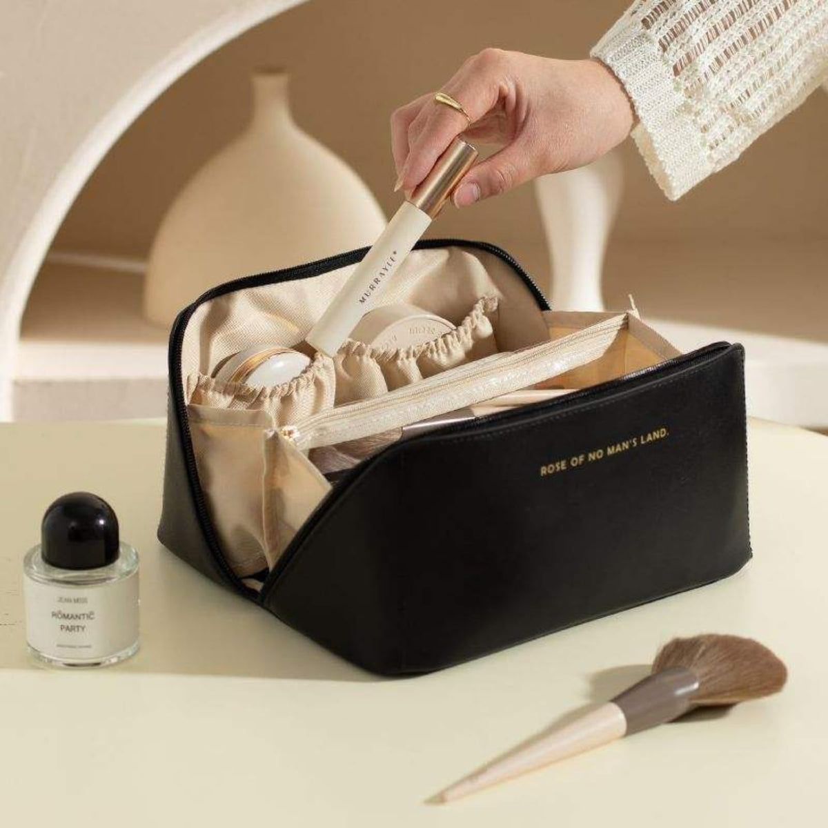 Large Capacity Travel Makeup Bag - Waterproof PU Leather Toiletry Bag with Top Handle