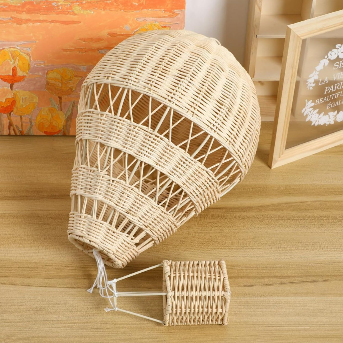 Handwoven Rattan Hot Air Balloon Wall Hanging Decor – Boho Nursery Wall Art & Floating Balloon Ornament – Aesthetic Room Decoration for Kids Room, Baby Nursery & Photography Prop