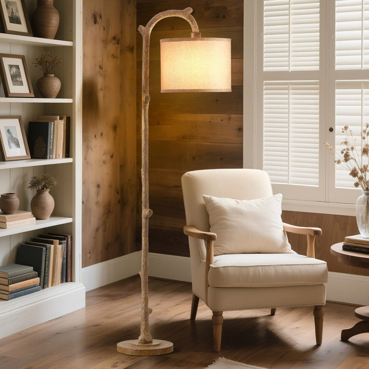 Rustic Tree Branch Floor Lamp - 69" Linen Shade & LED Bulb (Brown)
