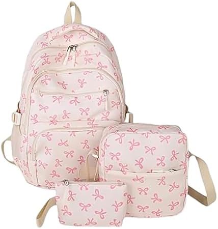 Bow Backpack 3 Piece Set, Coquette Backpack Cute Kawaii Daypack, Preppy Backpacks for School Travel College Daily Use