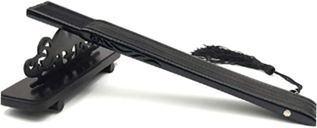 Lacquered Black Folding Fan with Tassel and Hollow Out Design Bamboo Paper Craft, Portable Daily Accessory, Black Case and Cover, for Handbags and Backpacks
