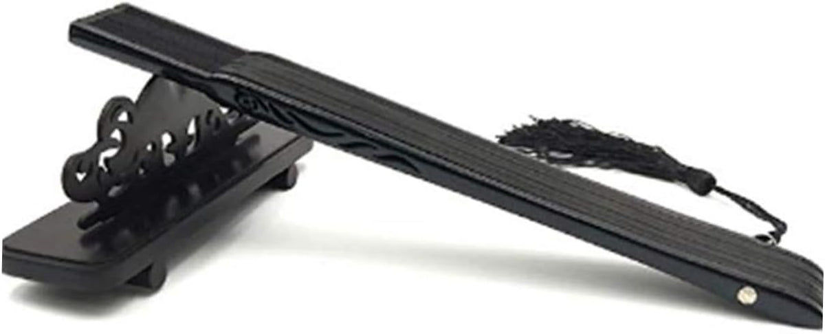 Lacquered Black Folding Fan with Tassel and Hollow Out Design Bamboo Paper Craft, Portable Daily Accessory, Black Case and Cover, for Handbags and Backpacks