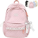 Coquette Backpack Light Yellow Lace Backpack With Bow Accessories, Cute Kawaii Daypack For Laptop, Polka Dot Design (Pink)