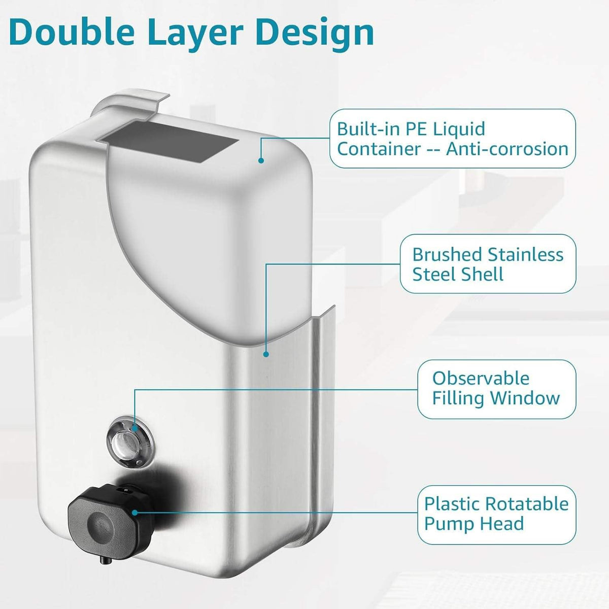 Commercial Wall Mount Stainless Steel Soap Dispenser 38.8oz / 1100ml Large Capacity