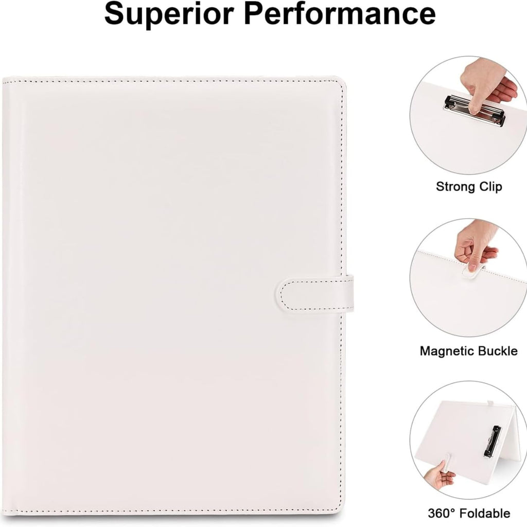 Professional Business Padfolio Clipboard Folder, PU Leather Resume Portfolio with Magnetic Closure, Letter/A4 Document Organizer Case Holder for Men Women Interview Meeting (White)