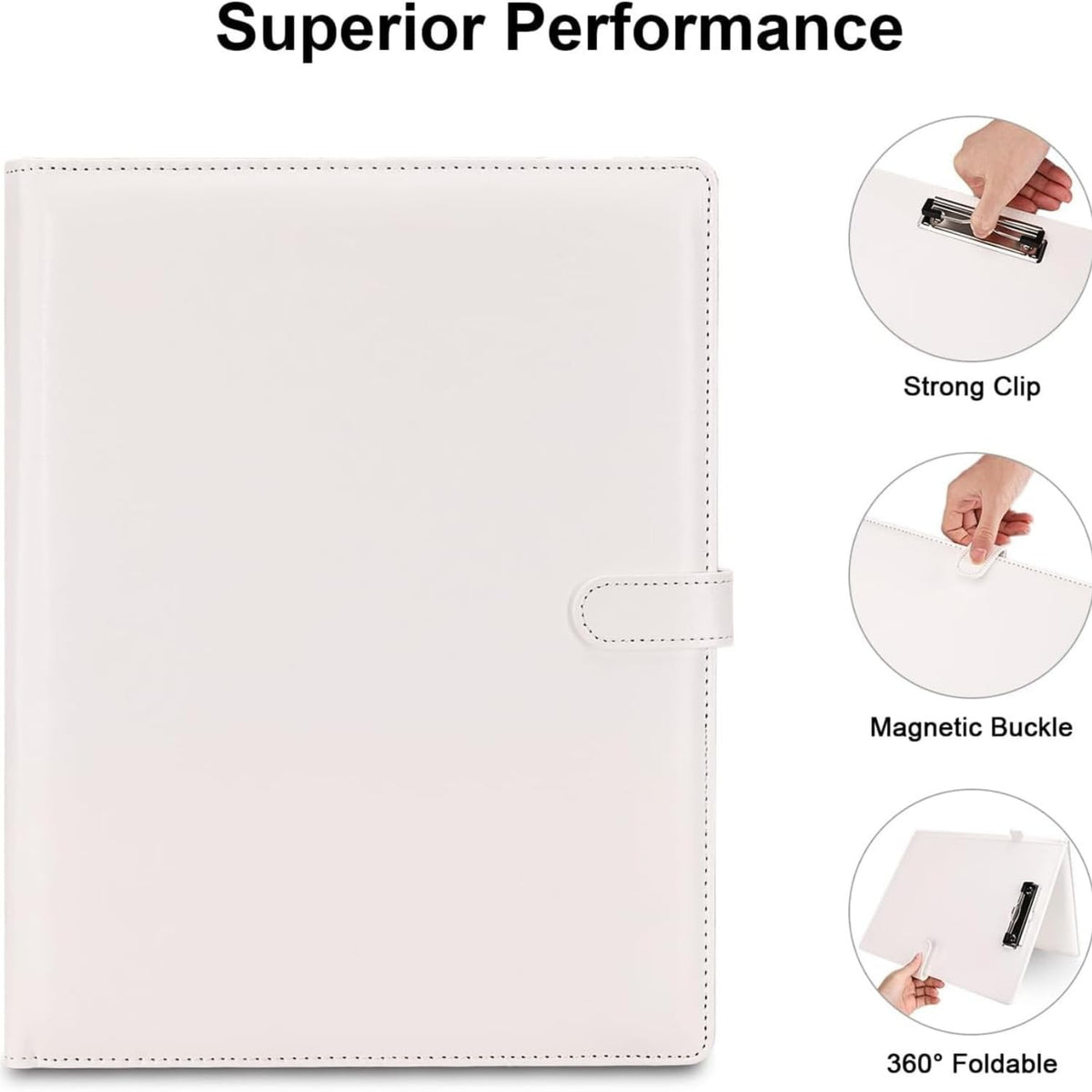 Professional Business Padfolio Clipboard Folder, PU Leather Resume Portfolio with Magnetic Closure, Letter/A4 Document Organizer Case Holder for Men Women Interview Meeting (White)