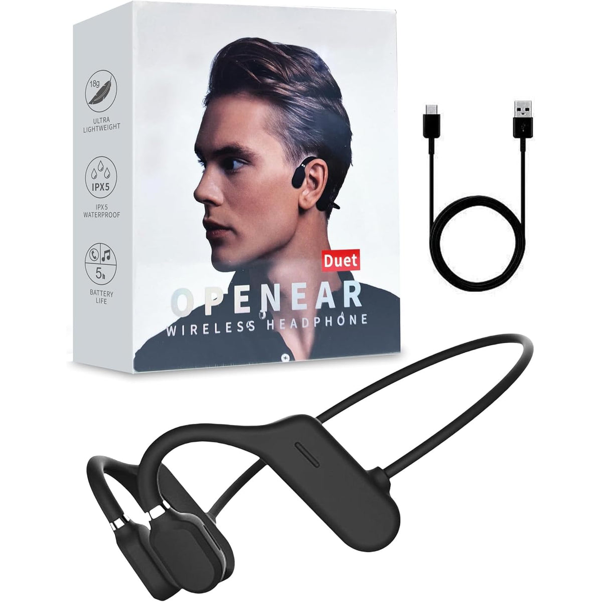 Open-Ear Bone Conduction Headphones – Bluetooth 5.0 Wireless Sports Headset with Built-in Mic, IPX5 Waterproof, Ultra-Lightweight 18g Design & 5-Hour Playtime for Running, Cycling, Driving & Workouts