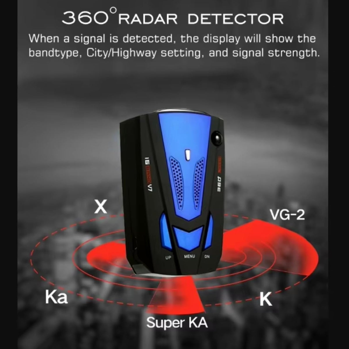 V7 Car Radar Detector, 360° Laser Speed Detection, 16-Band Voice & LED Alerts, City & Highway Modes
