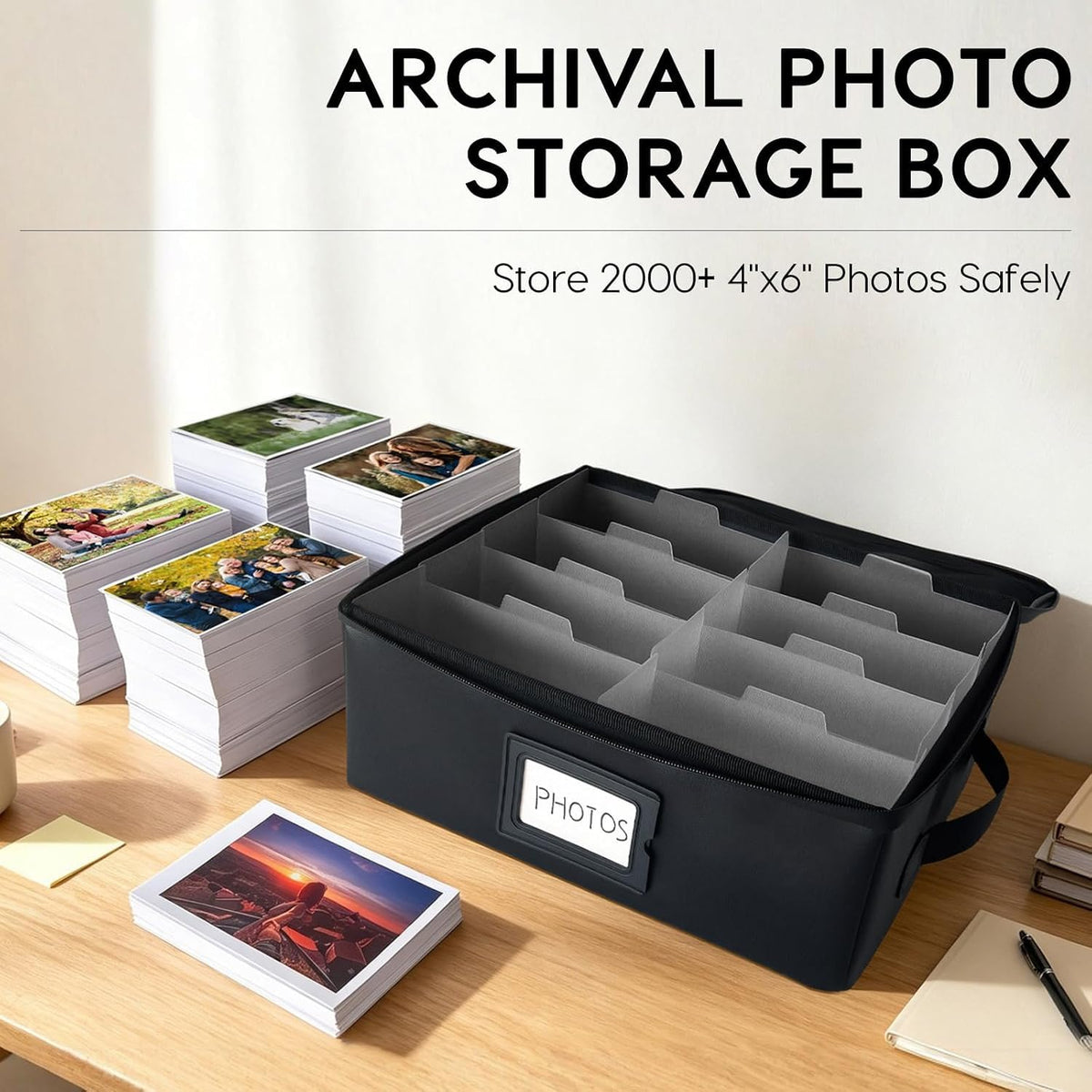Photo Storage Box Holds 2000+ 4x6 Photos - Fire Resistant Archival Picture Organizer Container with Lid Dividers & Labels