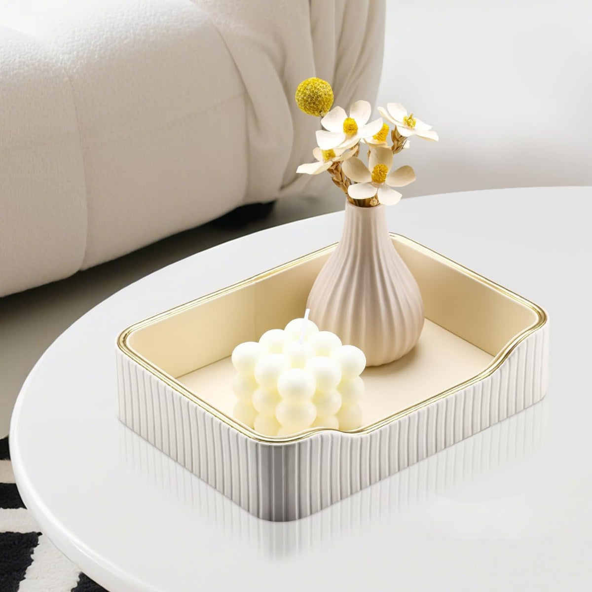 Perfume Tray, PU Leather Valet Tray Nightstand Organizer Tray, Decorative Vanity Catchall Tray with Gold Trim Rim