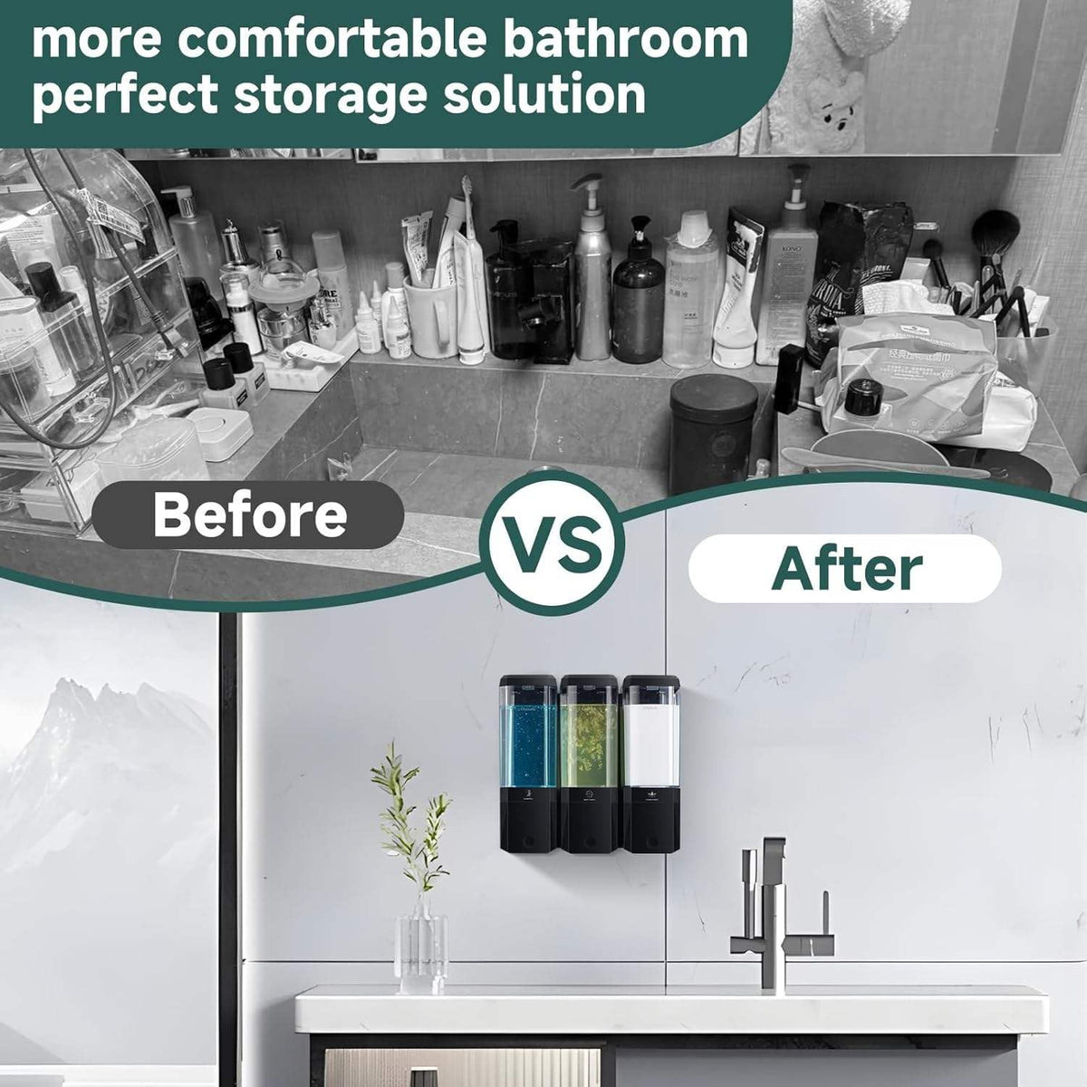 Wall Mount 3 Chamber Soap Dispenser for Shower - No Drill