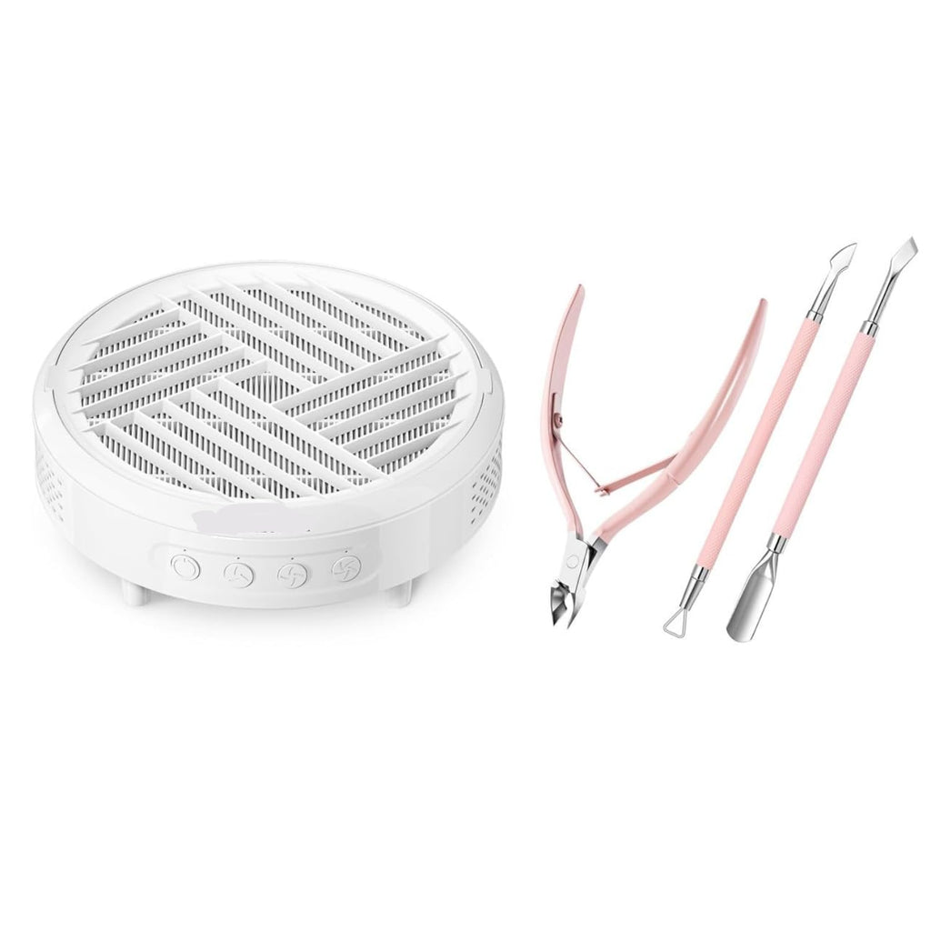 Compact Nail Dust Collector Set with 3Pcs Stainless Steel Cuticle Trimmer Kit – Powerful 3-Speed Electric Vacuum Fan with Reusable High-Density Filter, Professional Cuticle Nipper