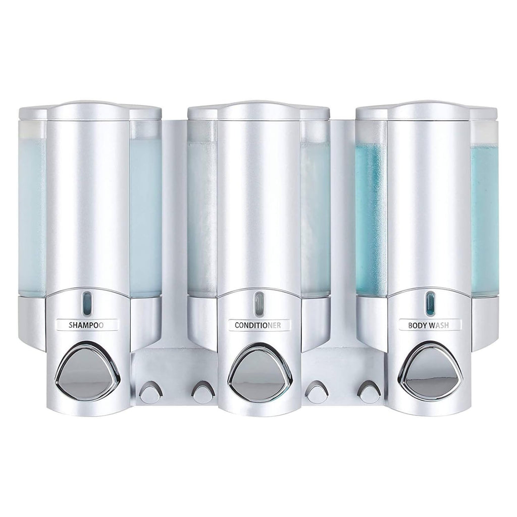 Better Living Products 3 Chamber Wall Mount Soap Dispenser - Triple Manual Liquid Pump for Shampoo, Conditioner & Shower Gel - Refillable Dispenser Set with Storage Hooks for Bathroom