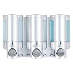 Better Living Products 3 Chamber Wall Mount Soap Dispenser - Triple Manual Liquid Pump for Shampoo, Conditioner & Shower Gel - Refillable Dispenser Set with Storage Hooks for Bathroom