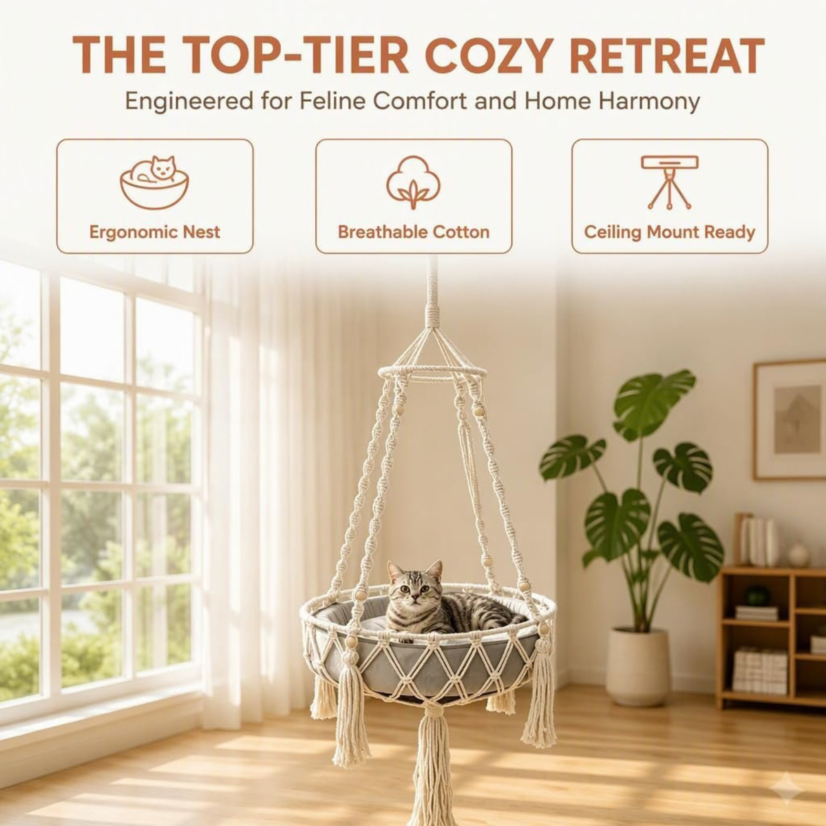Cat Swing, Cats Hammock with Soft Cushion Handwoven Hanging Purr Swing Bed