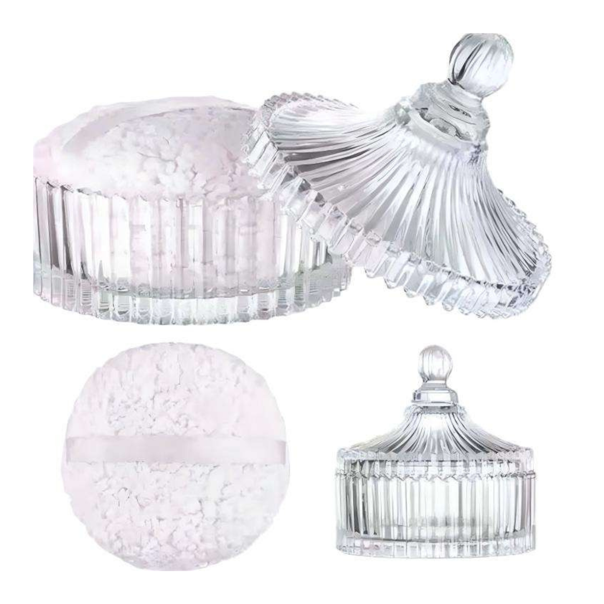 Transparent Striped Glass Fiber Body Powder Puff and Container Set with Large Capacity