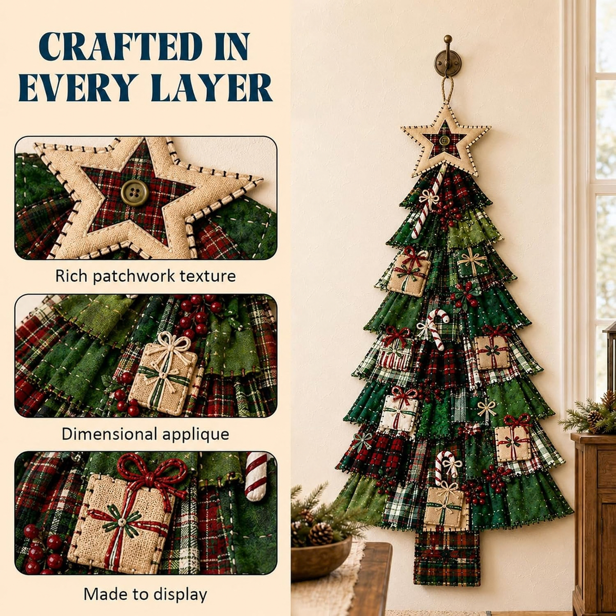 AUOBAG DIY Patchwork Christmas Tree Wall Hanging Kit, US Patriotic (Classic Green-Red)