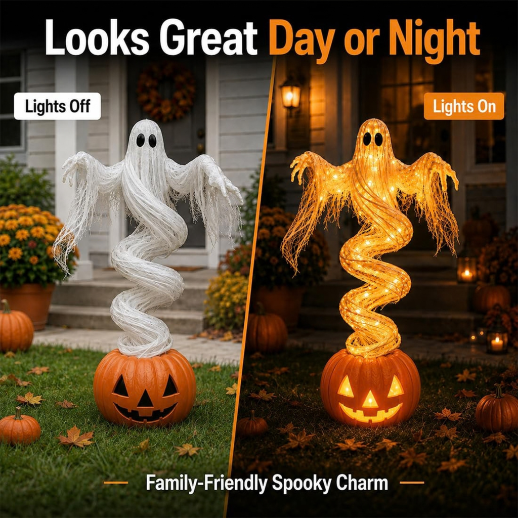 Swirling Ghost Pumpkin Yard Lamp, LED Halloween Ghost Glow Pumpkin Decor