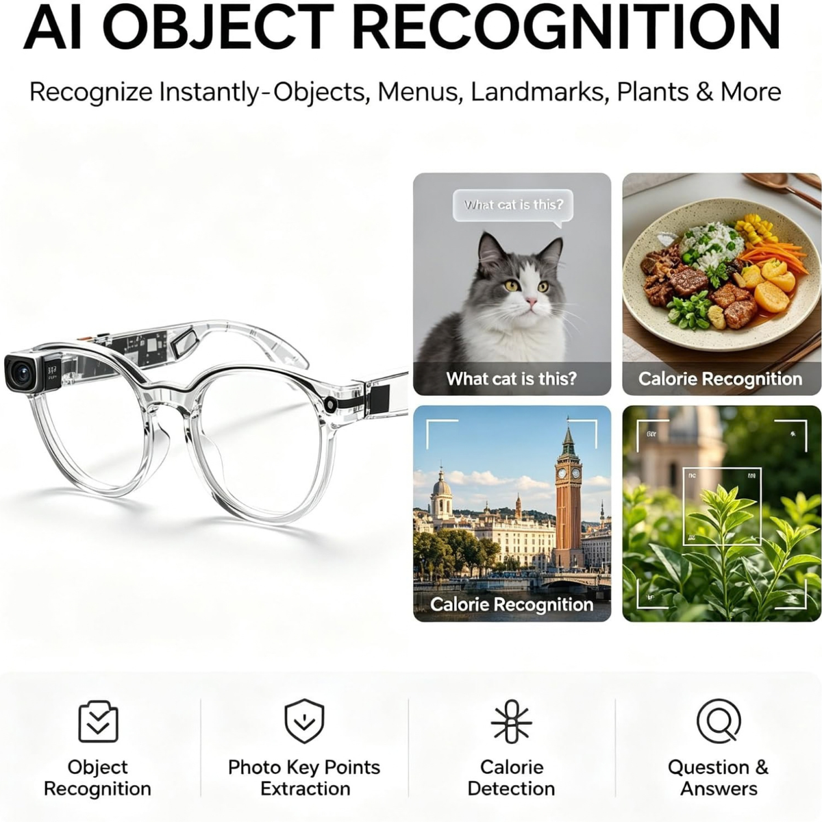 AI Smart Glasses Pink Transparent Frame 8MP Camera 1080P HD Video Recording
