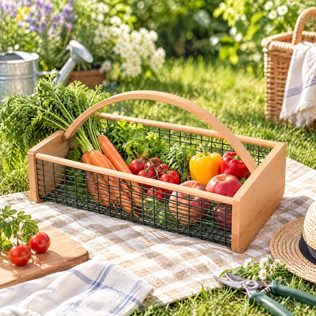 Garden Hod Harvest Basket, Wooden Vegetable Basket with Metal Mesh, Large Capacity