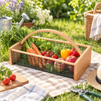 Garden Hod Harvest Basket, Wooden Vegetable Basket with Metal Mesh, Large Capacity