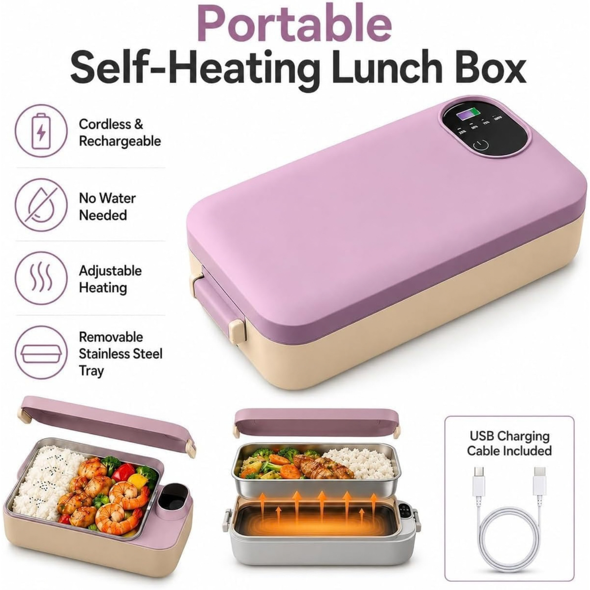 Portable Electric Lunch Box Self-Heating Rechargeable 900ML Stainless Steel for Work Travel