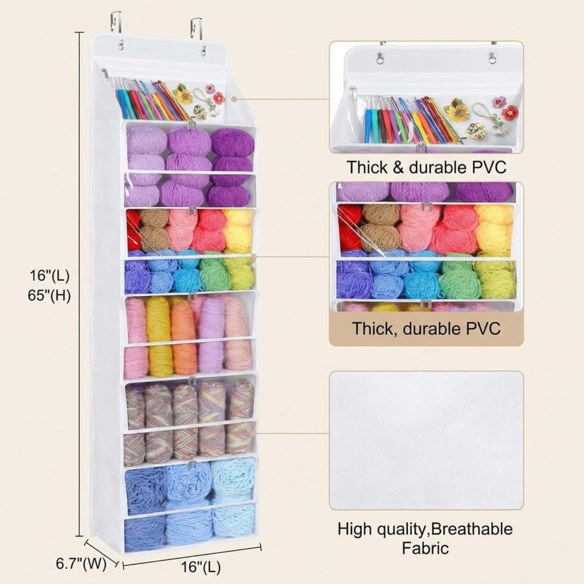 6-Tier Hanging Yarn Storage Organizer with Zippered Compartments and Mesh Pockets