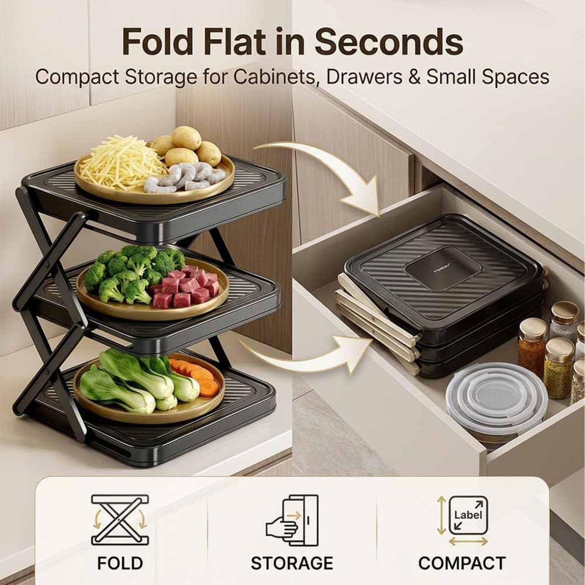 Multi-Layer Foldable Dish Tray Storage Rack, 3-Tier Vertical Plate Organizer for Kitchen