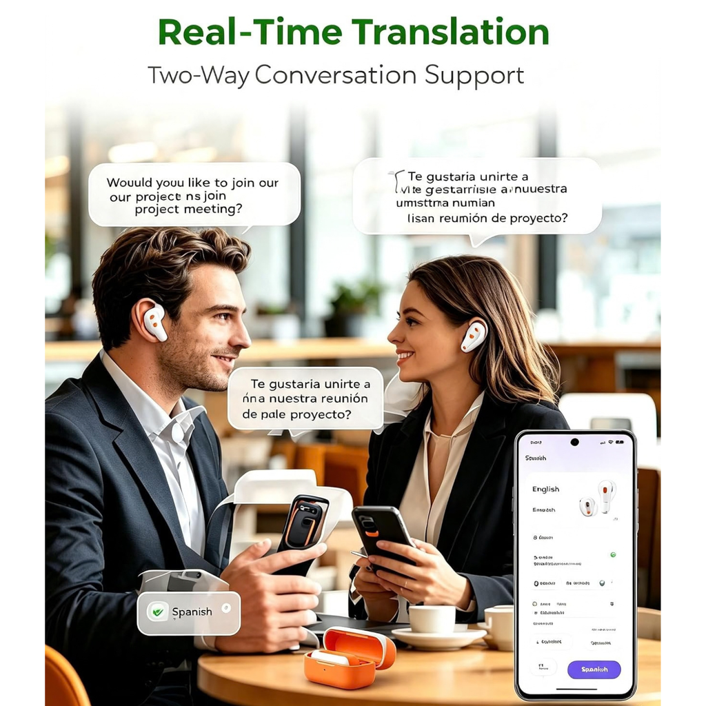 NE20 AI Translation Earbuds, Real-Time Translator, 135 Languages, LCD Touch Screen