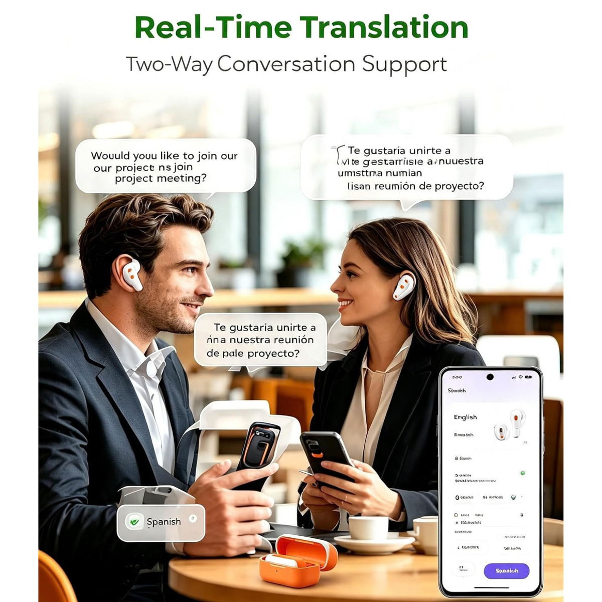 NE20 AI Translation Earbuds, Real-Time Translator, 135 Languages, LCD Touch Screen