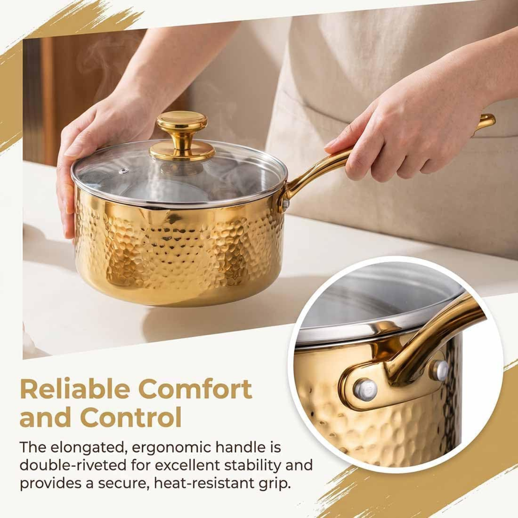 Pure Titanium Saucepan with Lid, Hammered Nonstick Pot for All Stovetops, Gold