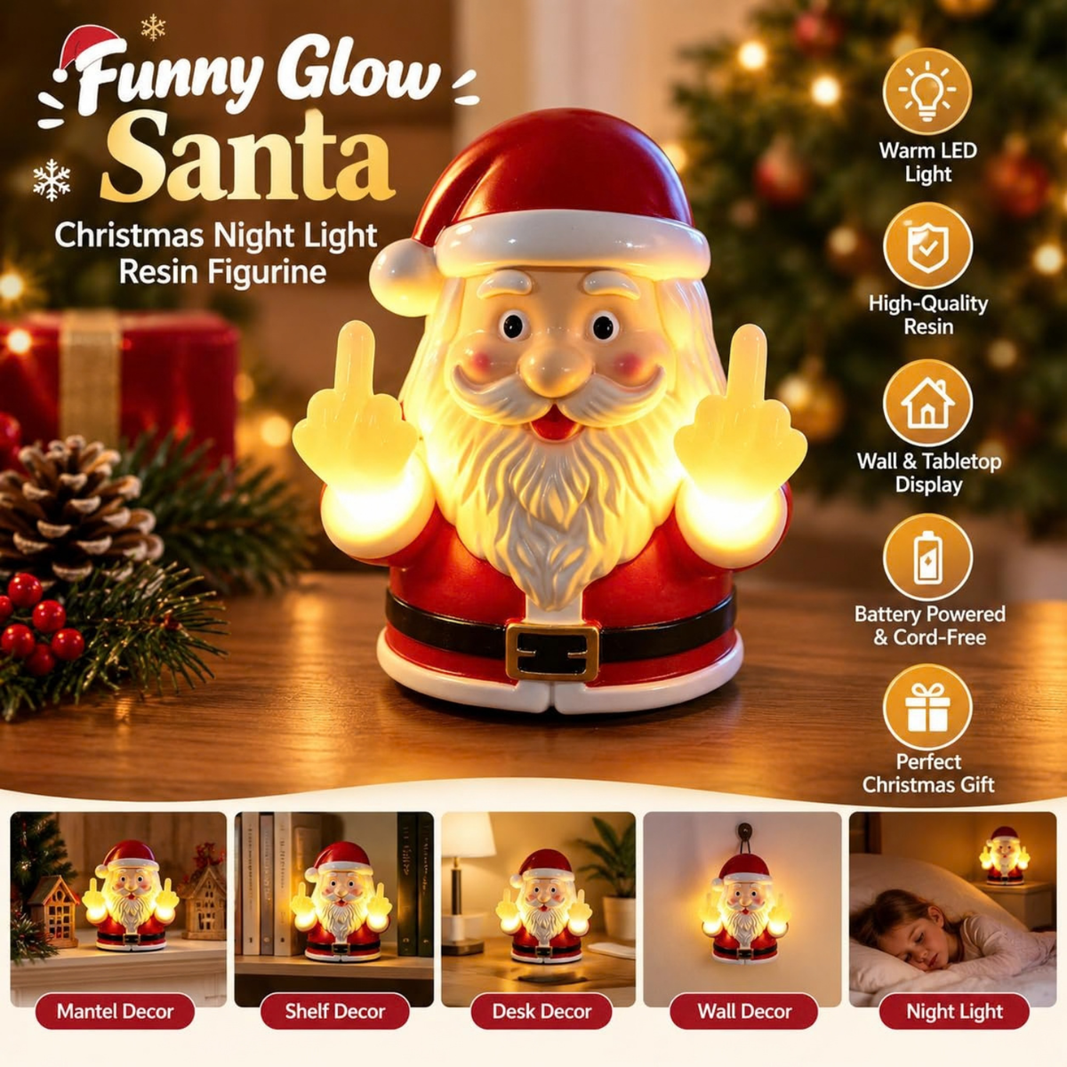 Funny Glow Santa Christmas Night Light Resin Figurine Wall Tabletop