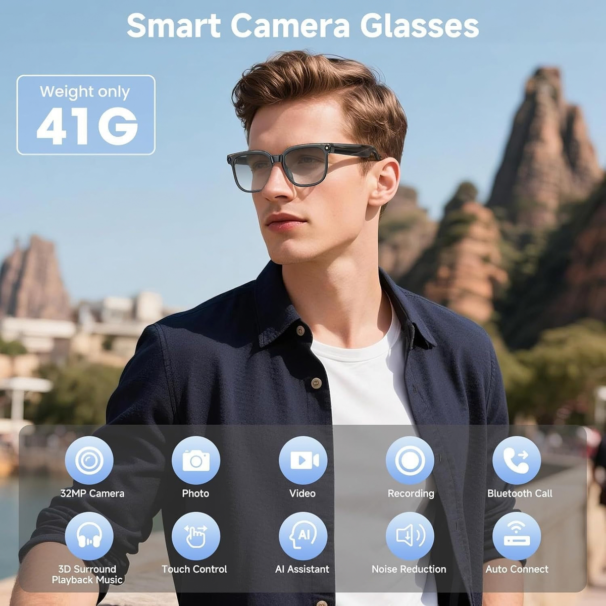 Smart Camera Glasses with 32MP HD 1080P Recording, Bluetooth Audio & Voice Assistant