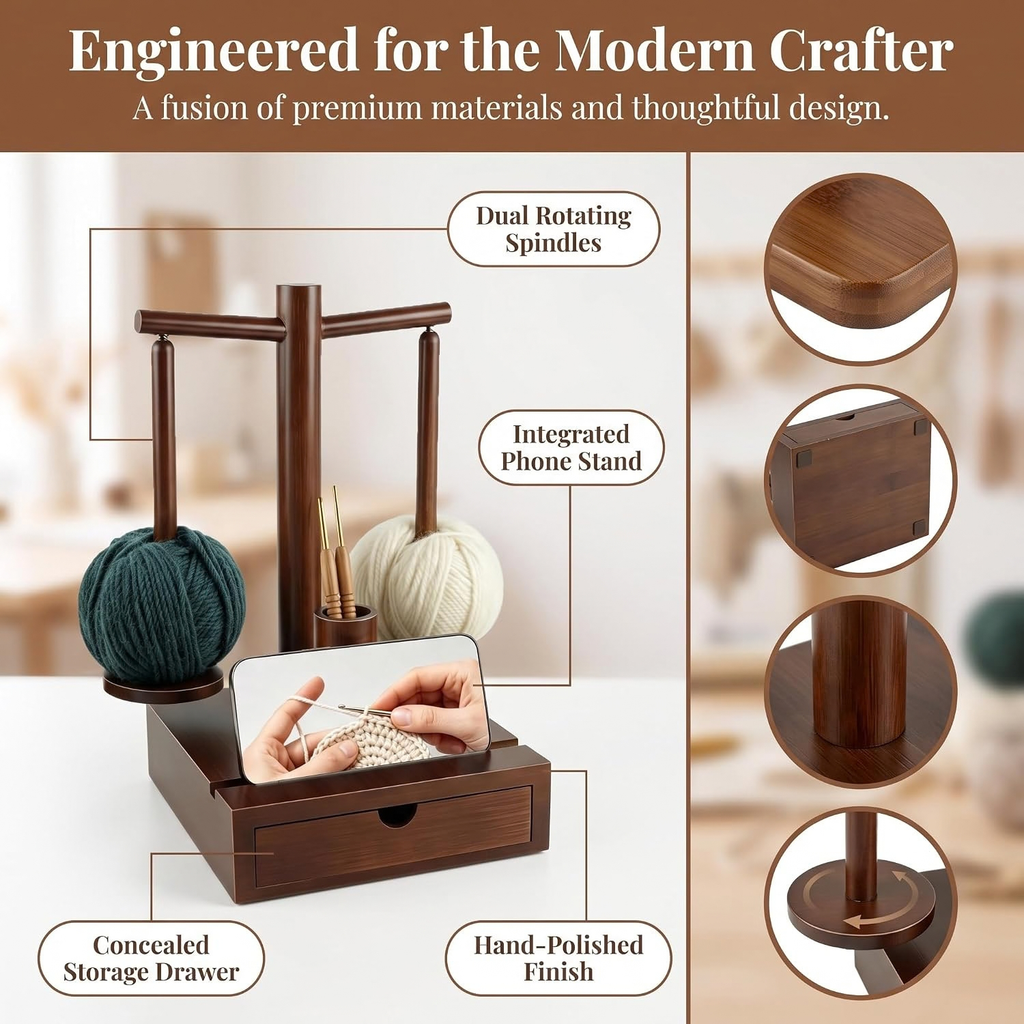 Wooden Yarn Holder with Magnetic Rotating Spinner, 2 Spindles & Storage Box