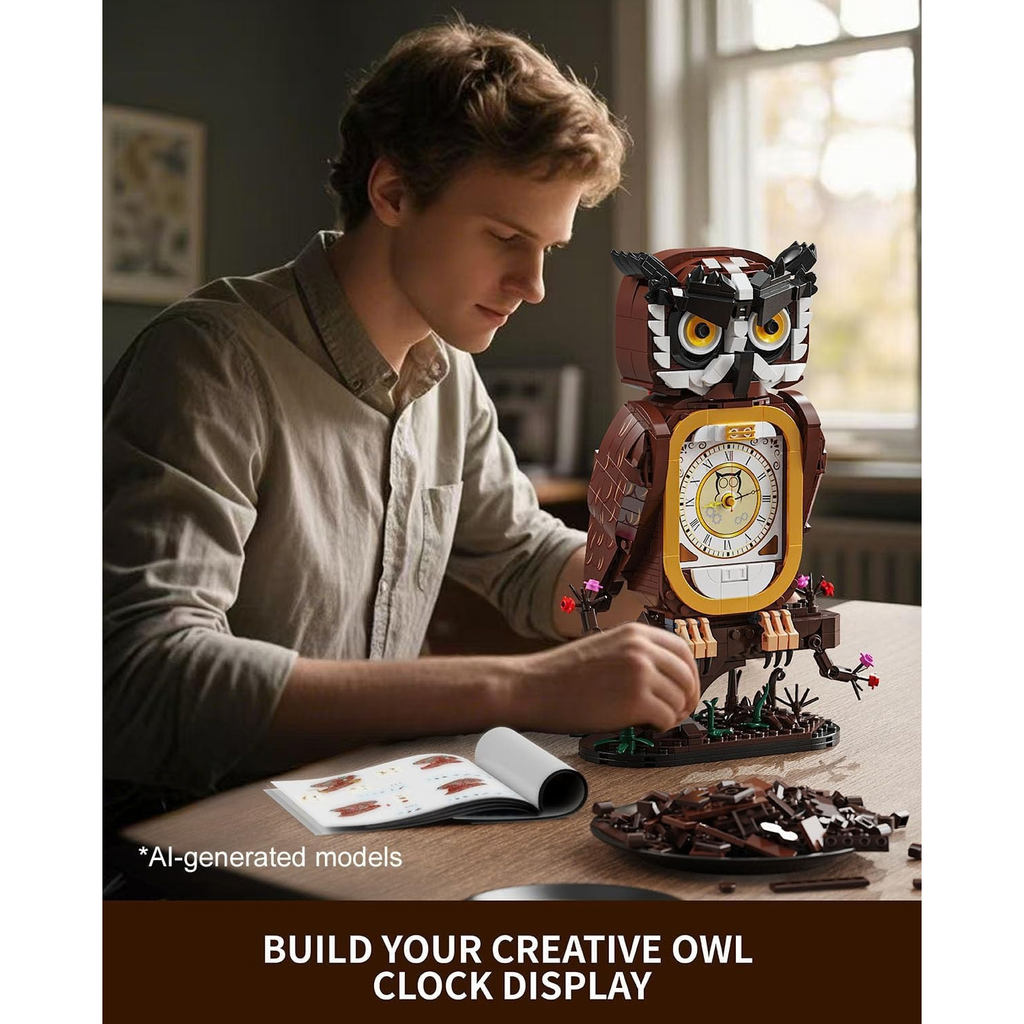 Owl Clock Building Blocks Set with Working Clock for Adults Teens