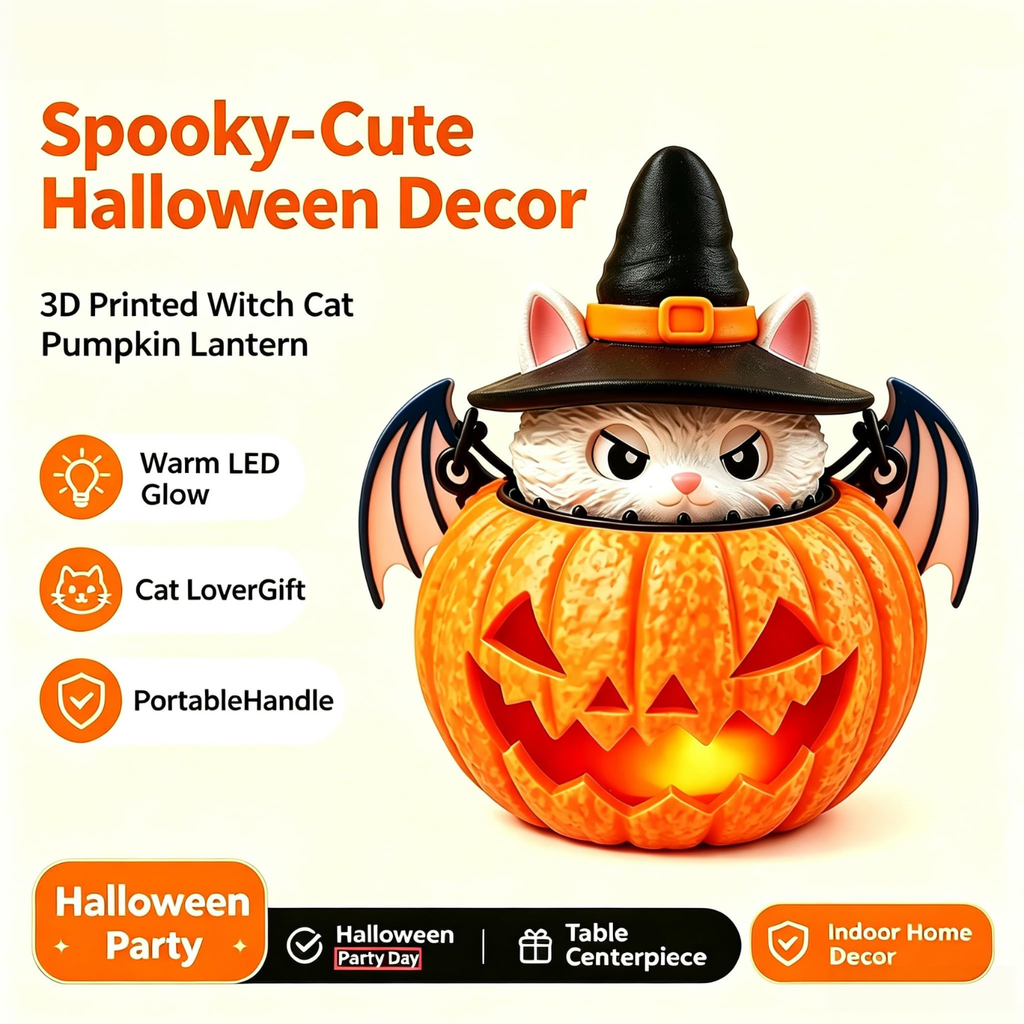 Halloween Cat Pumpkin Light, 3D Printed Witch Cat Tabletop Decor