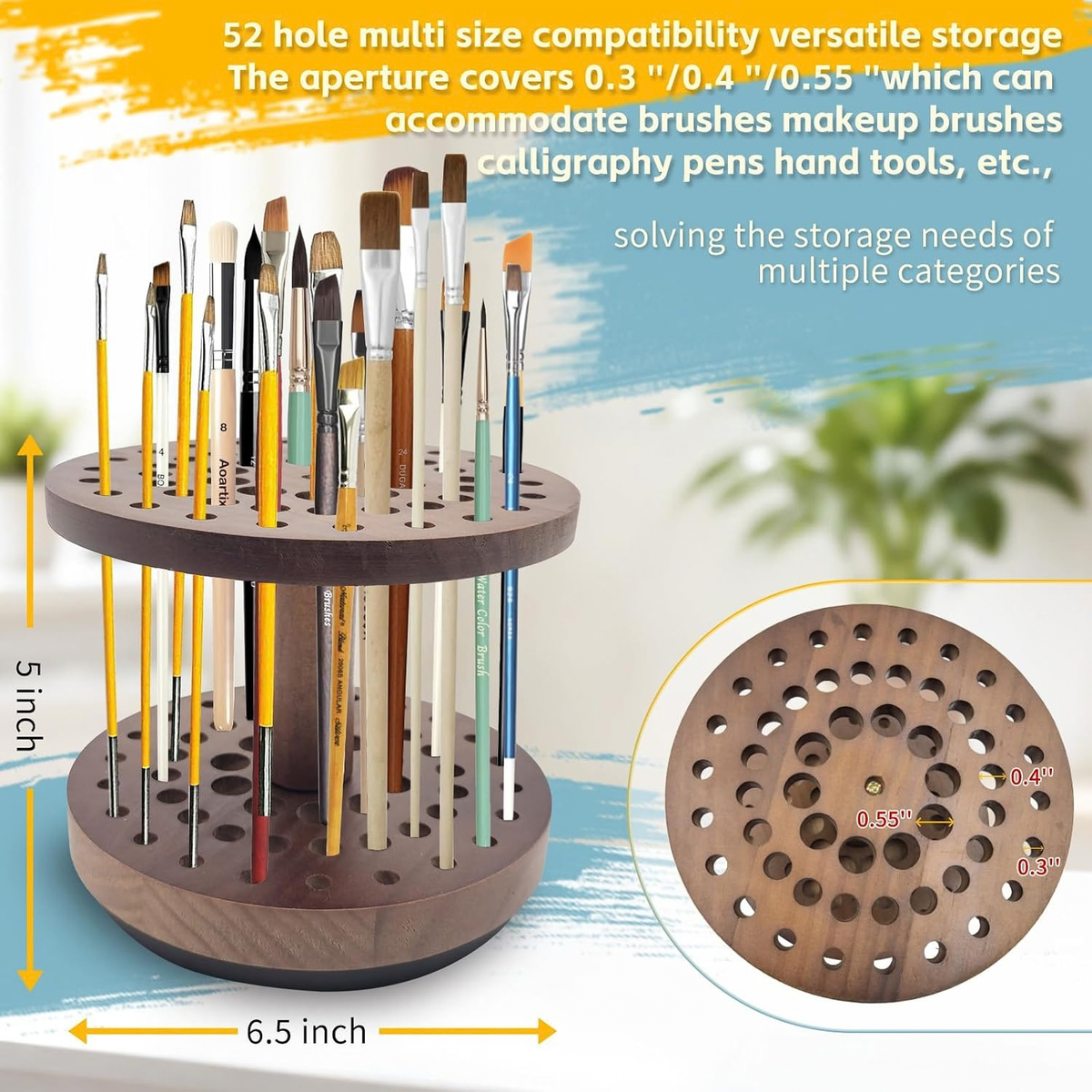 360° Rotating Hardwood Paint Brush Holder, Artist Desktop Storage Organizer